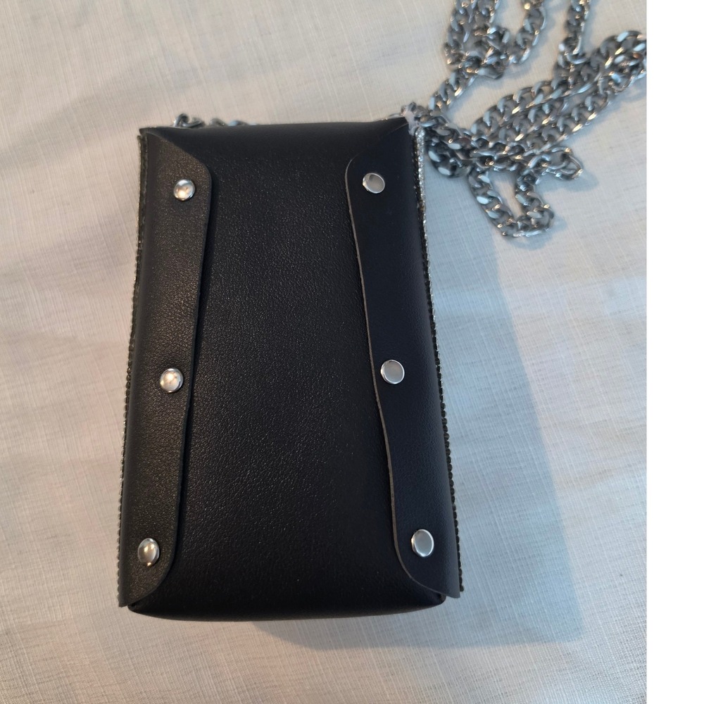 Rhinestone Crossbody Phone Bag Silver Crystal Chain Strap Evening Clutch Black - Picture 5 of 5